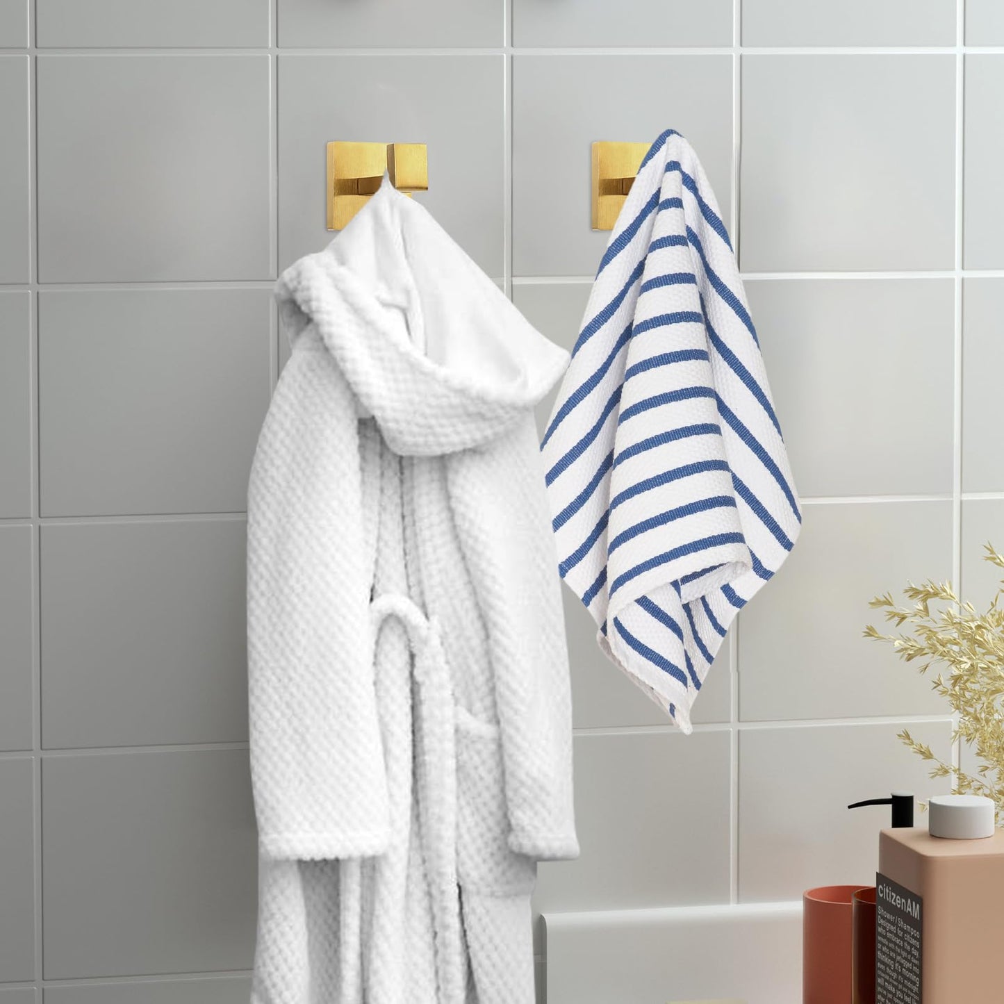 IBosins 2-Pack Towel Hooks Hand Towel Holder for Bathroom Wall Livingroom Bedroom Kitchen Closet Heavy Duty Stainless Steel Hook Hanger for Robe, Bath Towel, Coat (Square Brushed Gold)