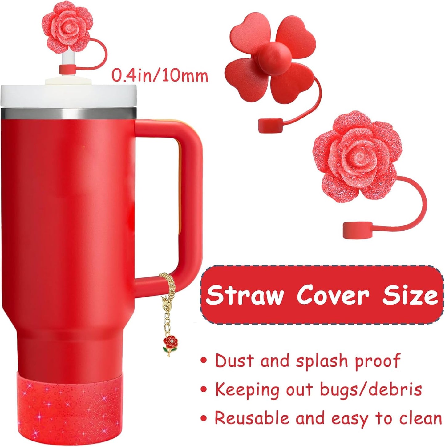 Stanley Cup Accessories Set - 2 Straw Covers, 1 Spill-Proof Stopper & 1 Cute Rose Handle Charm | Fits 40 & 30 Oz Tumblers (Chili)