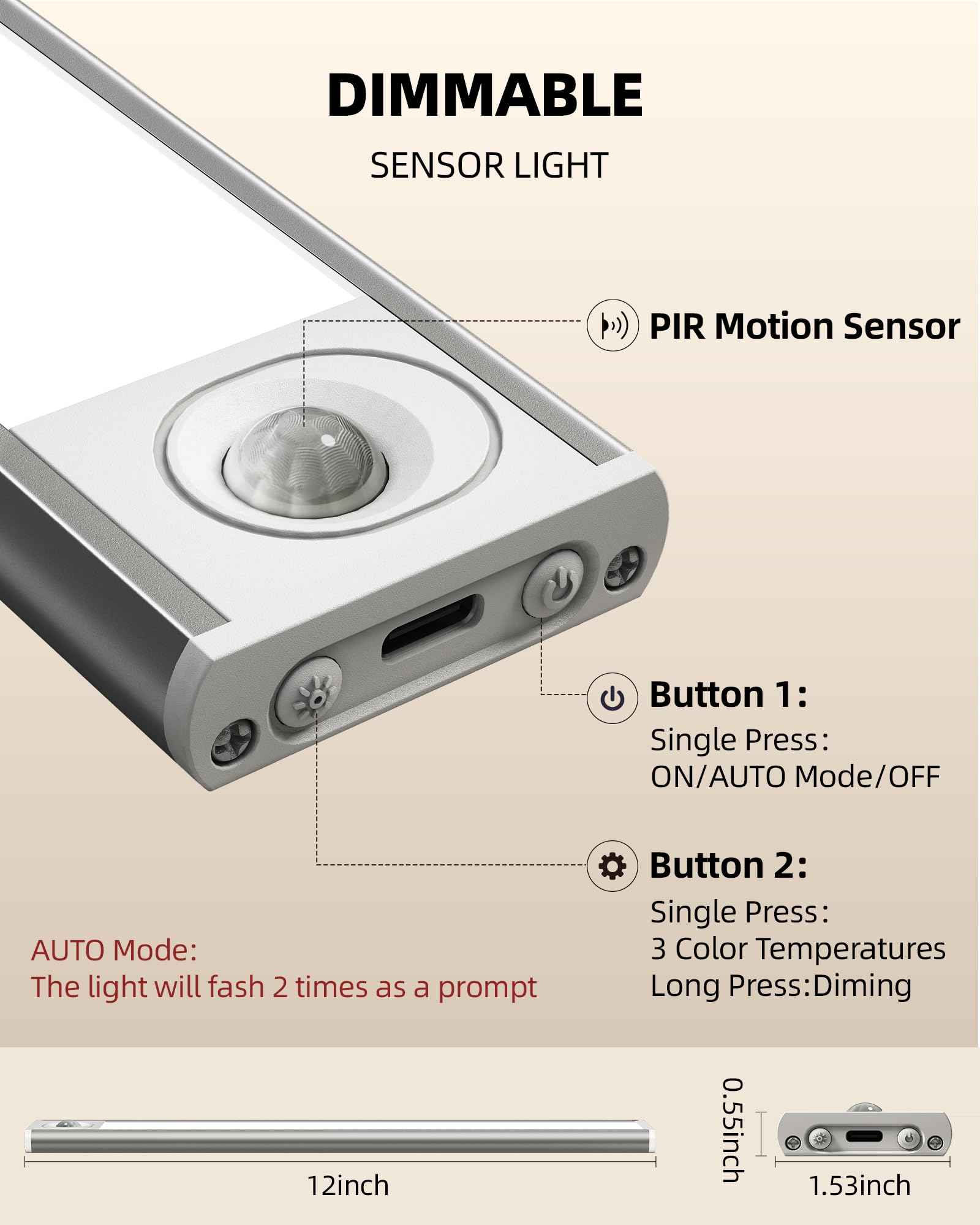 Under Cabinet Lighting, 12inch Rechargeable Motion Sensor Light Indoor, 1800mAh Battery Operated Closet Lights, with Dimmable & 3 Color Temps, Wireless Under Counter Lights for Kitchen,Stairs(6Pack) ﻿