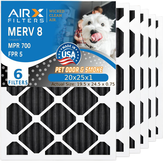 AIRX FILTERS WICKED CLEAN AIR. 20x25x1 Air Filter Odor Eliminator Carbon Filter MERV 8 AC HVAC Furnace Filters 6 Pack