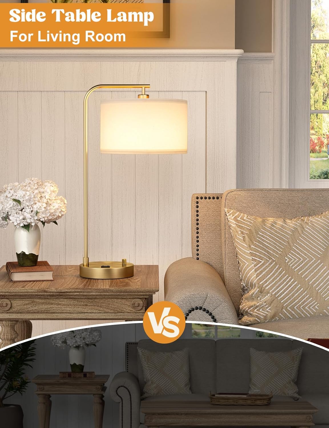 Dimmable Tall Table Lamp with USB Port & Outlet - Linen Shade Bedside Desk Lamp for Bedroom, Living Room, Home Office