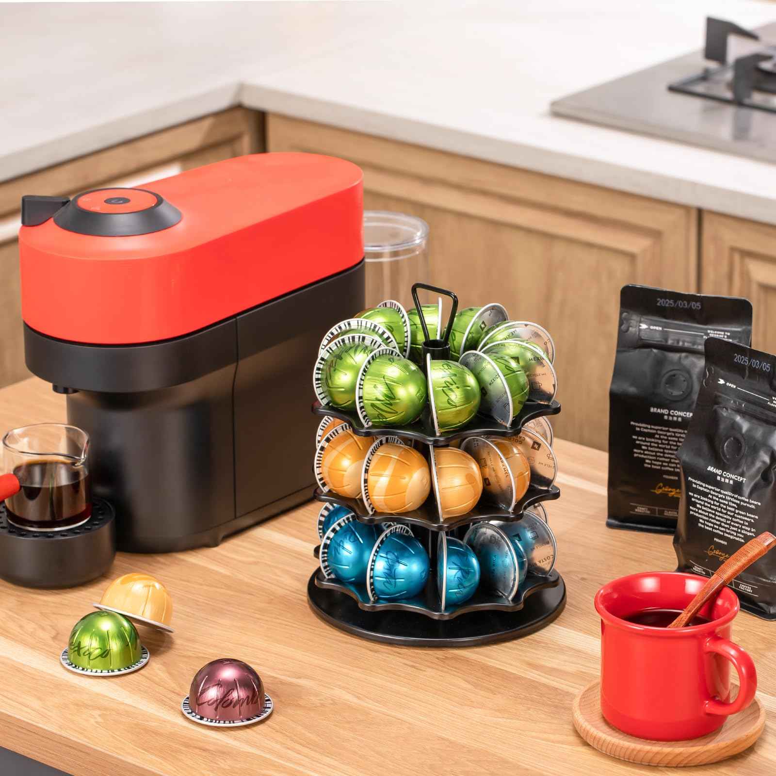 ZCDCP Vertuo Pod Holder System - 3-Tier Coffee Pod Holder Carousel, Metal Spinning Stand DIY for 30 Capsules