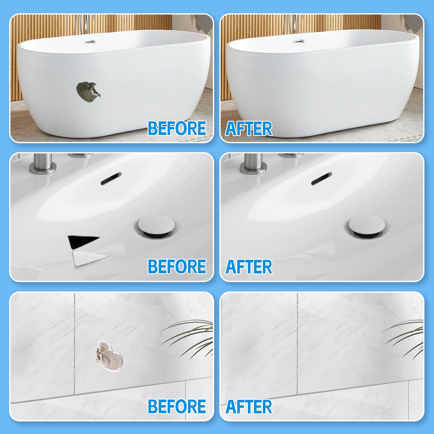 Porcelain Repair Kit White, Fiberglass Tub Repair Kit for Acrylic, Ceramics, Enamel, Tile, Repairs Chips, Cracks, Scratches, Holes on Tub, Tile, Bathtub, Toilet, Sink, Shower Tray