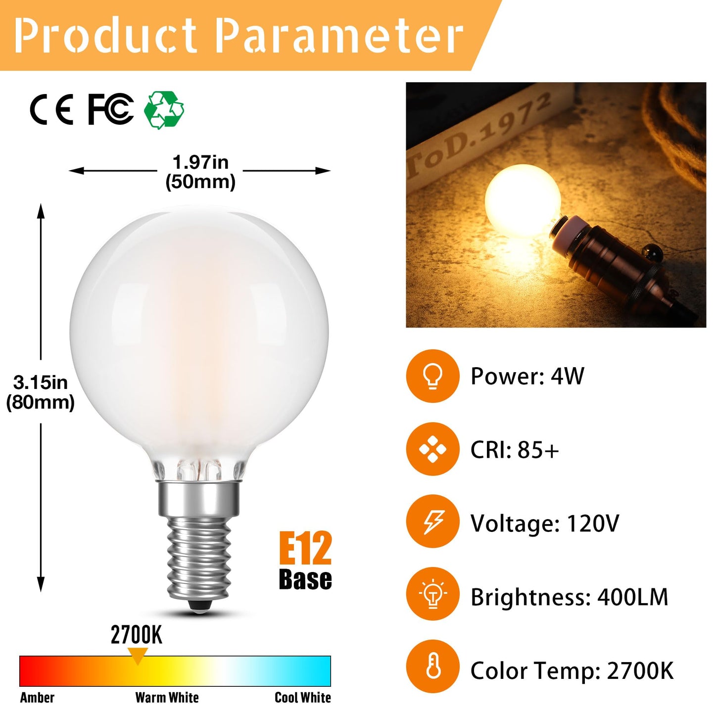 PADMO LUDAZ G16.5 LED Light Bulb 40W Equal 4W Type G Bulb,Dimmable Frosted E12 Globe Bulb,Round Candelabra Light Bulbs for Chandelier,Bathroom Vanity,Pendant,Warm White 2700K 400LM,Pack of 2