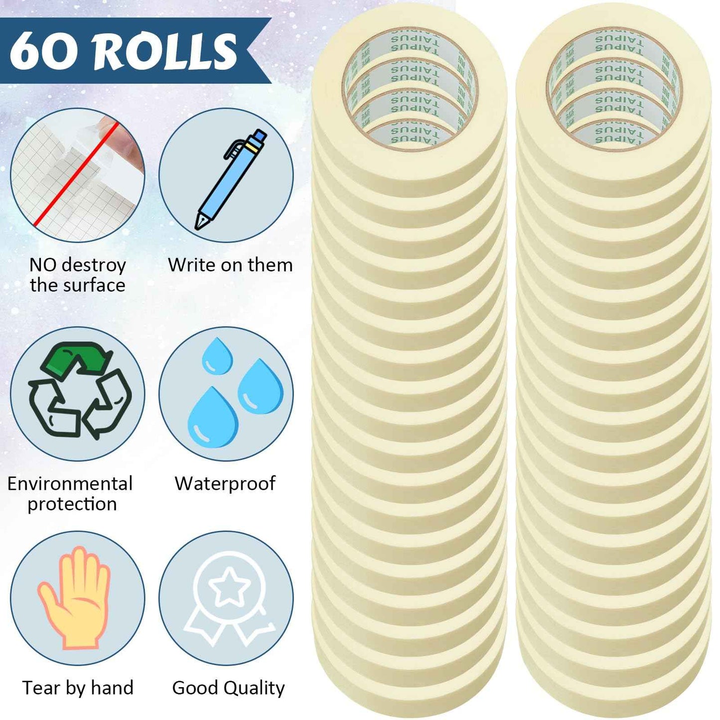 Fainne Masking Tape Bulk General Purpose Masking Painting Tape 55 Yards for Painting Home Office School Stationery Arts Crafts Basic Use, Easy Removal(60 Rolls,1 Inch)