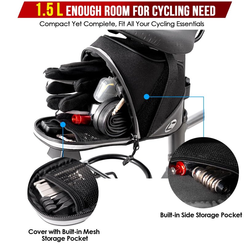 WOTOW Bike Saddle Bag - Waterproof Strap-on Bike Seat Bag - Reflective Bicycle Under Seat Storage Pouch for Road Mountain Bike Cycling Travel