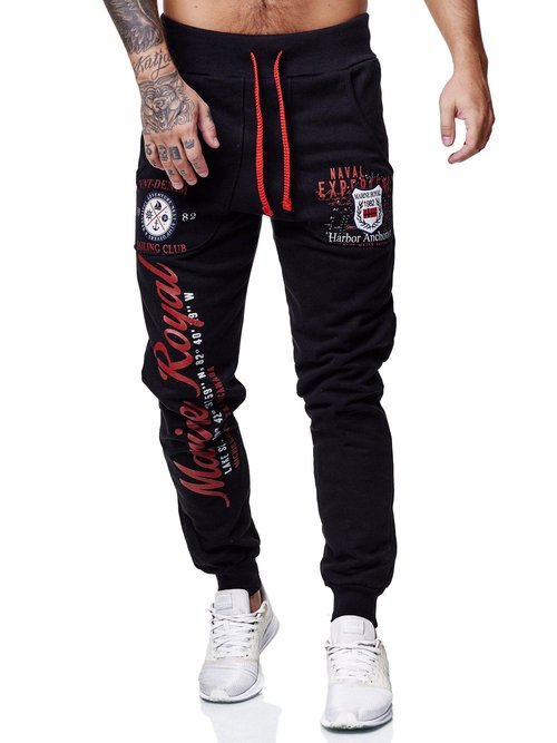 Marine Royal Men's Jogger Pants, Sports Fitness Running Casual Sweatpants Black Red