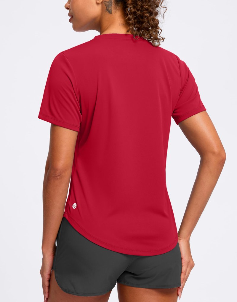 Womens Workout Shirts V-Neck Short Sleeve UPF 50+ Sun Shirt Moisture Wicking Dry Fit Top for Gym, Running, Athletic (Red, M)