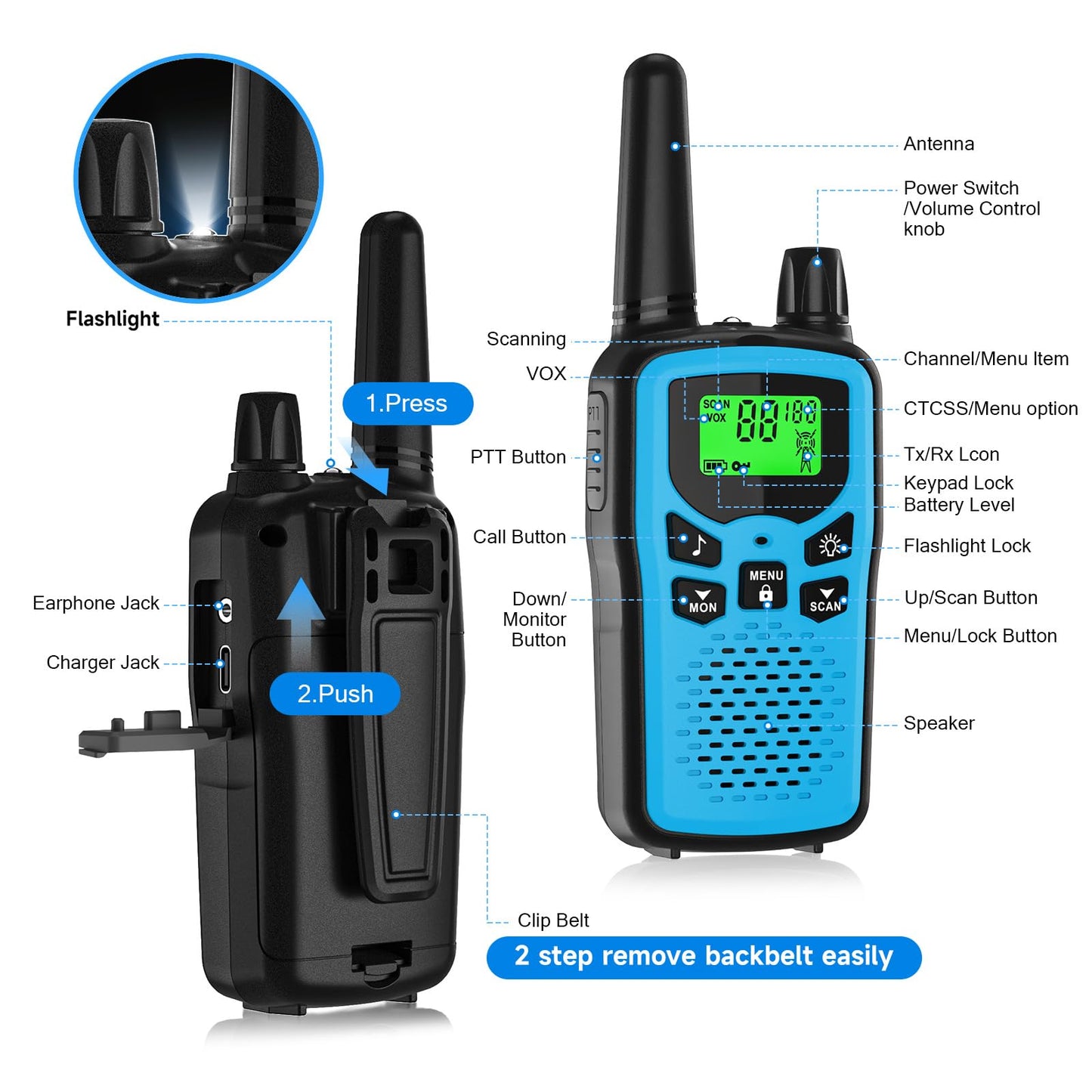 Rechargeable Walkie Talkies Long Range for Adults, Walky Talky VOX with 22 FRS Channels, 99 Privacy Codes Two Way Radio,1200mAh Li-ion Battery, for Camping Hiking Emergency (2 Pack Colorful)