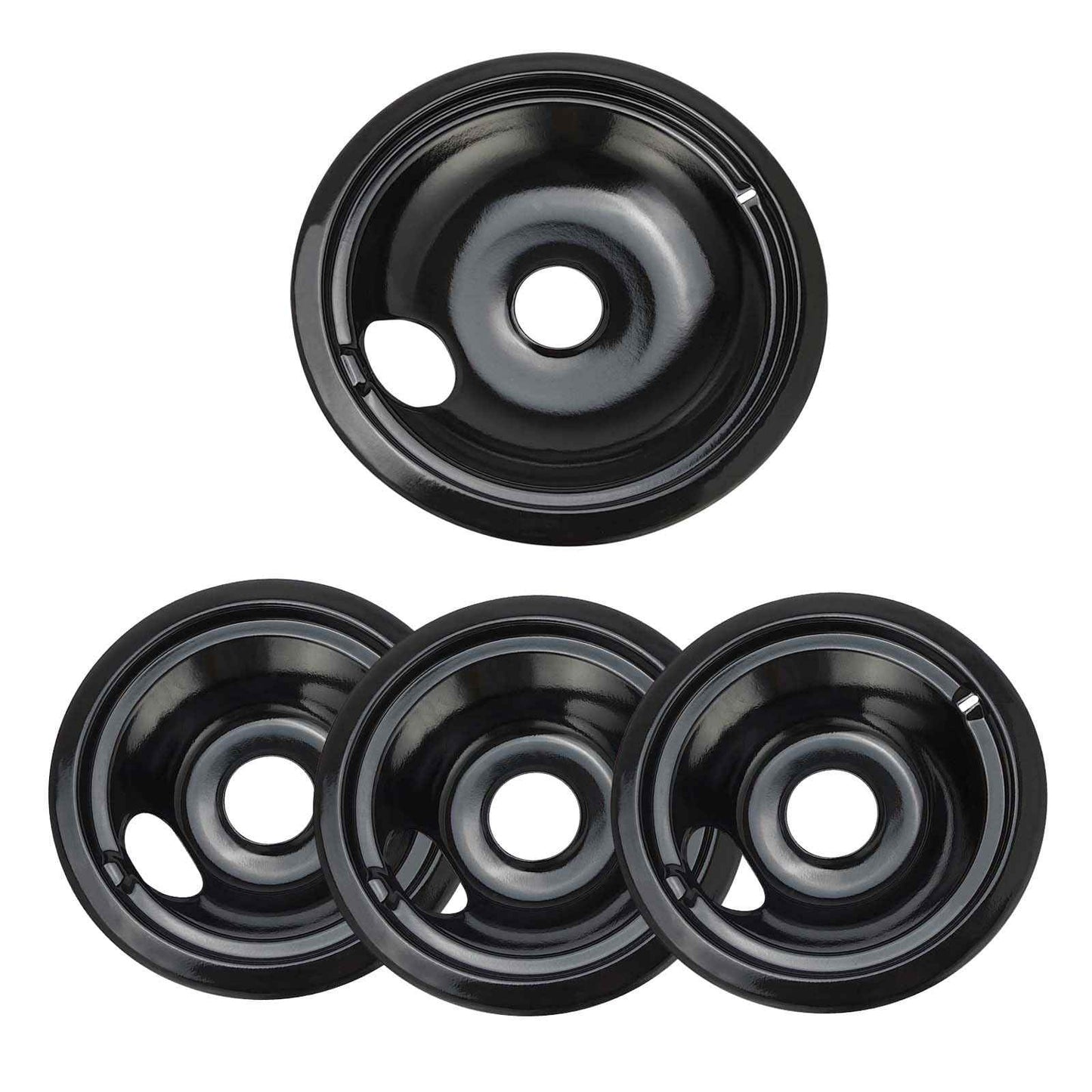 Purelux Electric Range Drip Pans Replacement Compatible with GE or Hotpoint Stove, Porcelain Enameled Black Finish 4 Pieces Pack Includes 1 Large 8-Inch and 3 Small 6-Inch