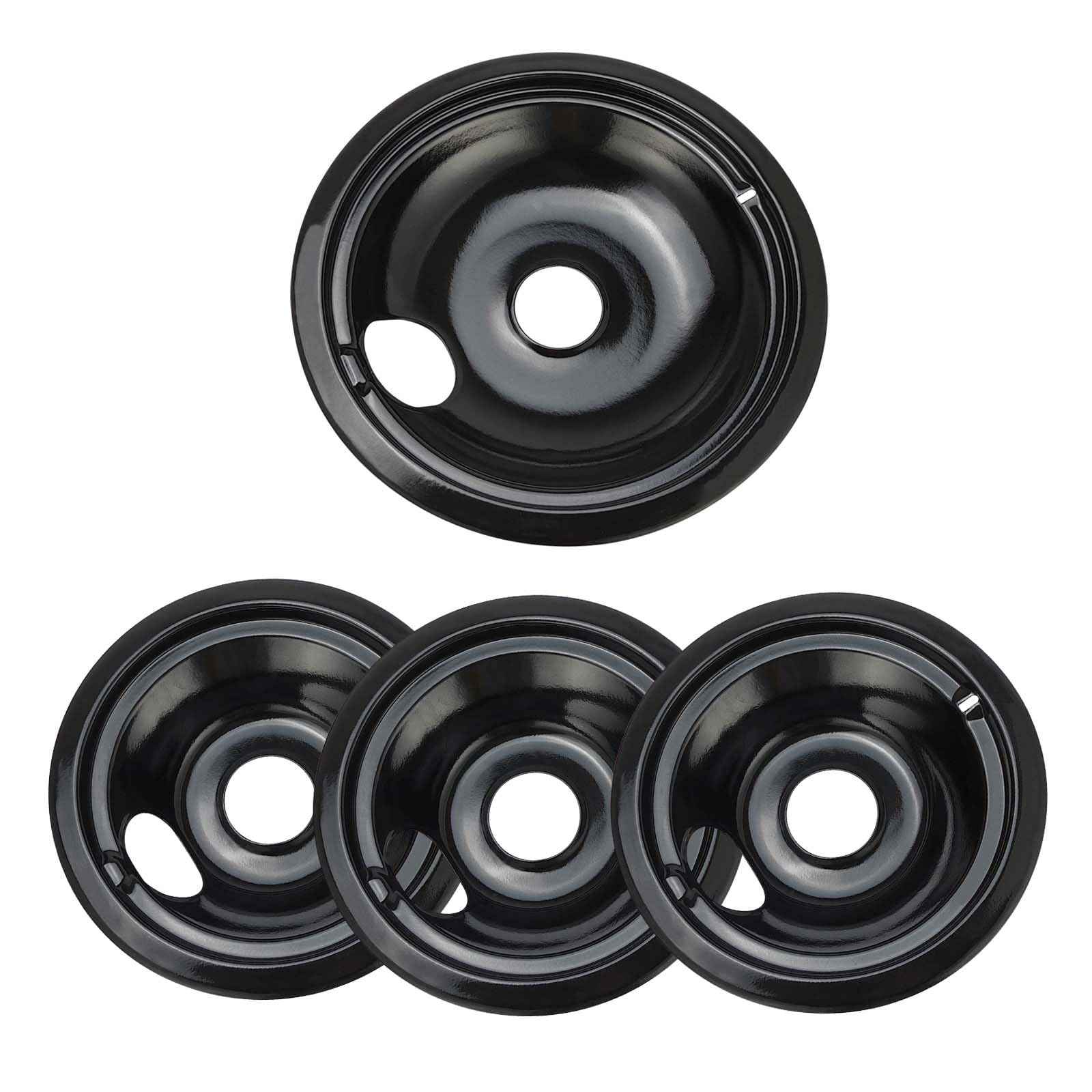 Purelux Electric Range Drip Pans Replacement Compatible with GE or Hotpoint Stove, Porcelain Enameled Black Finish 4 Pieces Pack Includes 1 Large 8-Inch and 3 Small 6-Inch