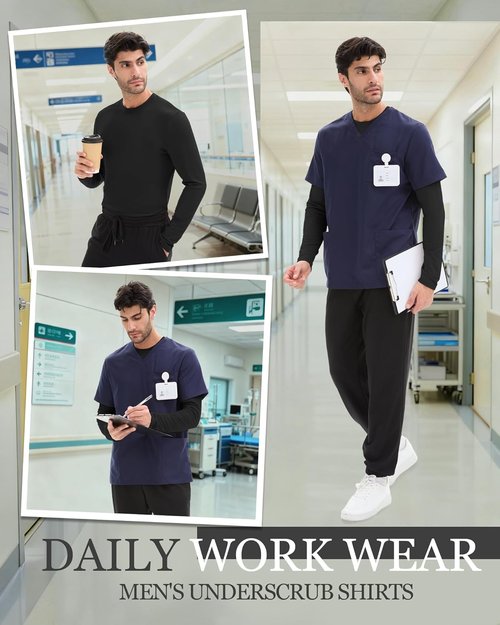 August Alley Men's Long Sleeve Underscrub Shirts - Stretchy Crewneck Work Tops | 4 Pack