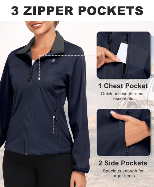 Little Donkey Andy Women's Full Zip Up Casual Jacket Lightweight Lapel with 3 Pockets for Outdoor Workout Travel Sports (Dark Blue S)