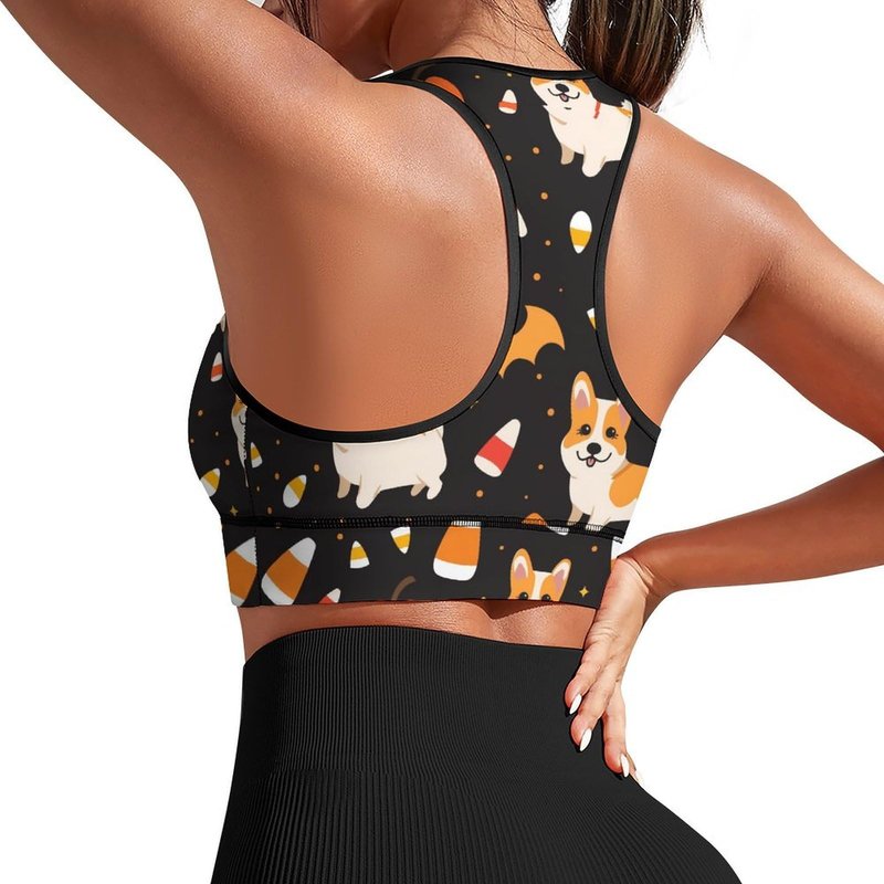 AuHomea Halloween Pumpkins Cute Corgi Womens Sports Bra Padded Workout Slimming Tank Tops for Women with Built in Bra U Neck Fitness XL Size Running Yoga Top