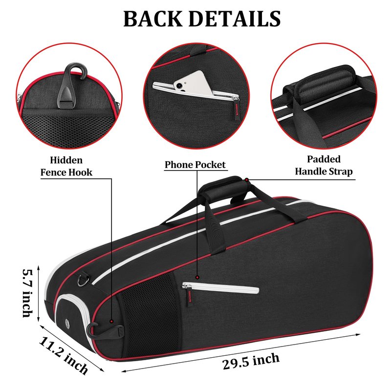 Ytonet Tennis Bag 6 Rackets, Large Tennis Racket Bag for Men Women with Insulated Pocket Shoe Compartment Water Resistant 3-Ways Carry Padded Badminton Cover for Pro/Team/Familiy Training, Black