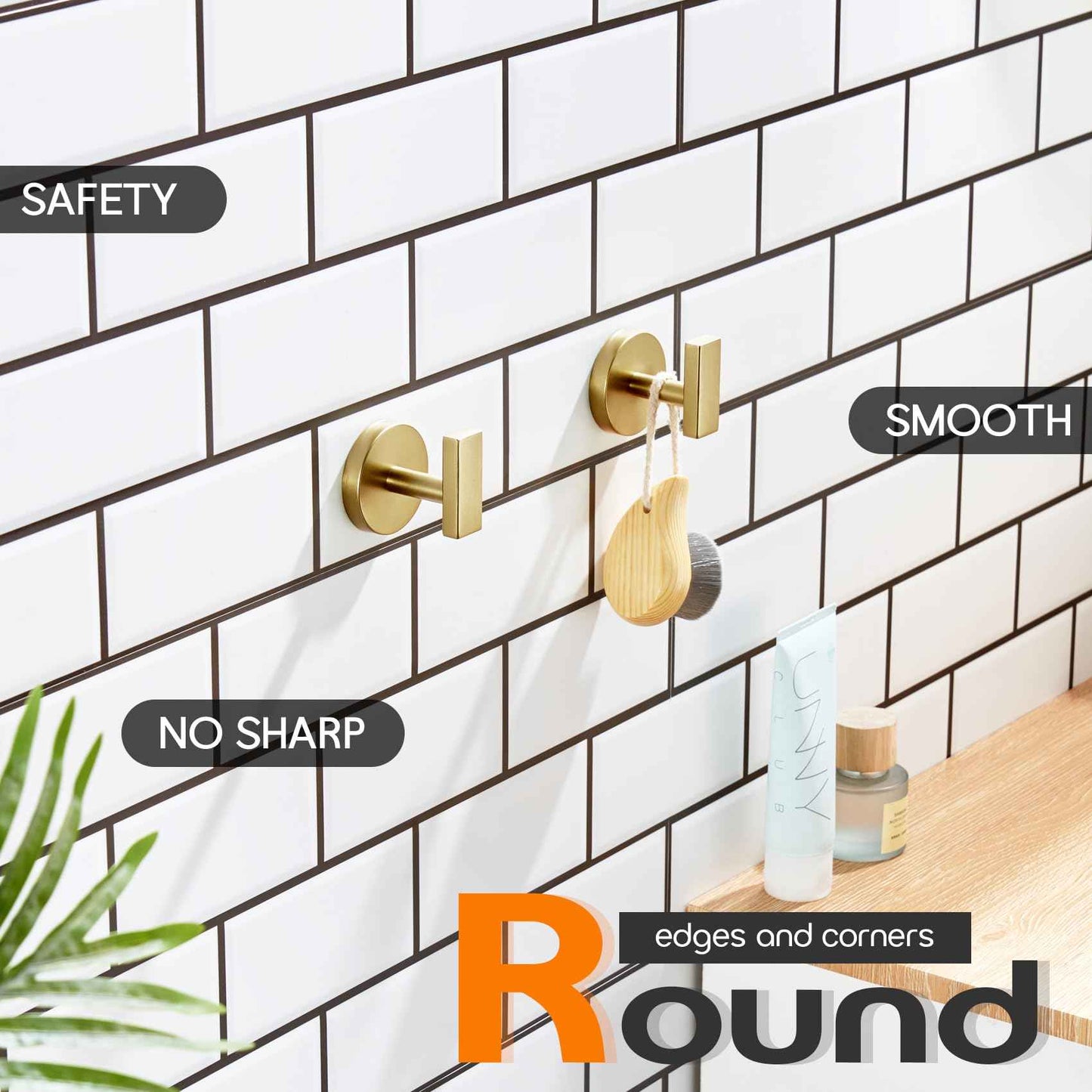 AONEON Robe Hook Bath Towel Hooks Stainless Steel Wall Hooks for Bathroom Kitchen Closet Garage Door Hanger Brushed Gold 2 Pack, AN1001GD-P2