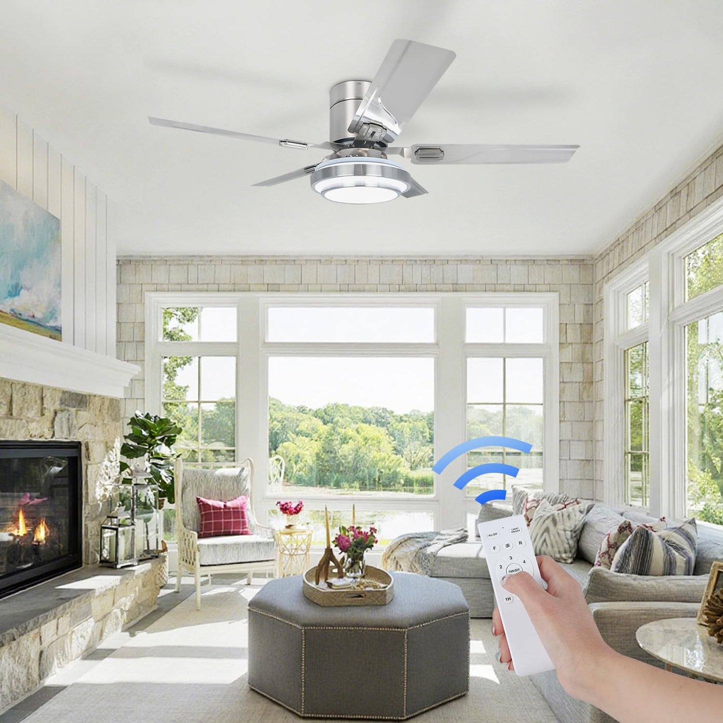 RIIGOOG 42 inch Ceiling Fans with Lights, Modern Low Profile Ceiling Fan with Light and Remote Control, Flush Mount, Reversible, 3CCT, Dimmable, Brushed Nickel Ceiling Fans for Bedroom Living Room