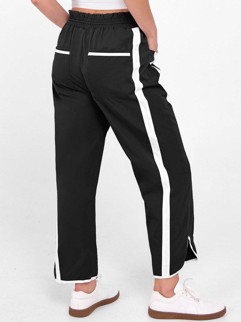 ANRABESS Women Track Pants Casual Drawstring Waist Lightweight Baggy Contrast Color Workout Barrel Leg Pants with Pockets Black Medium