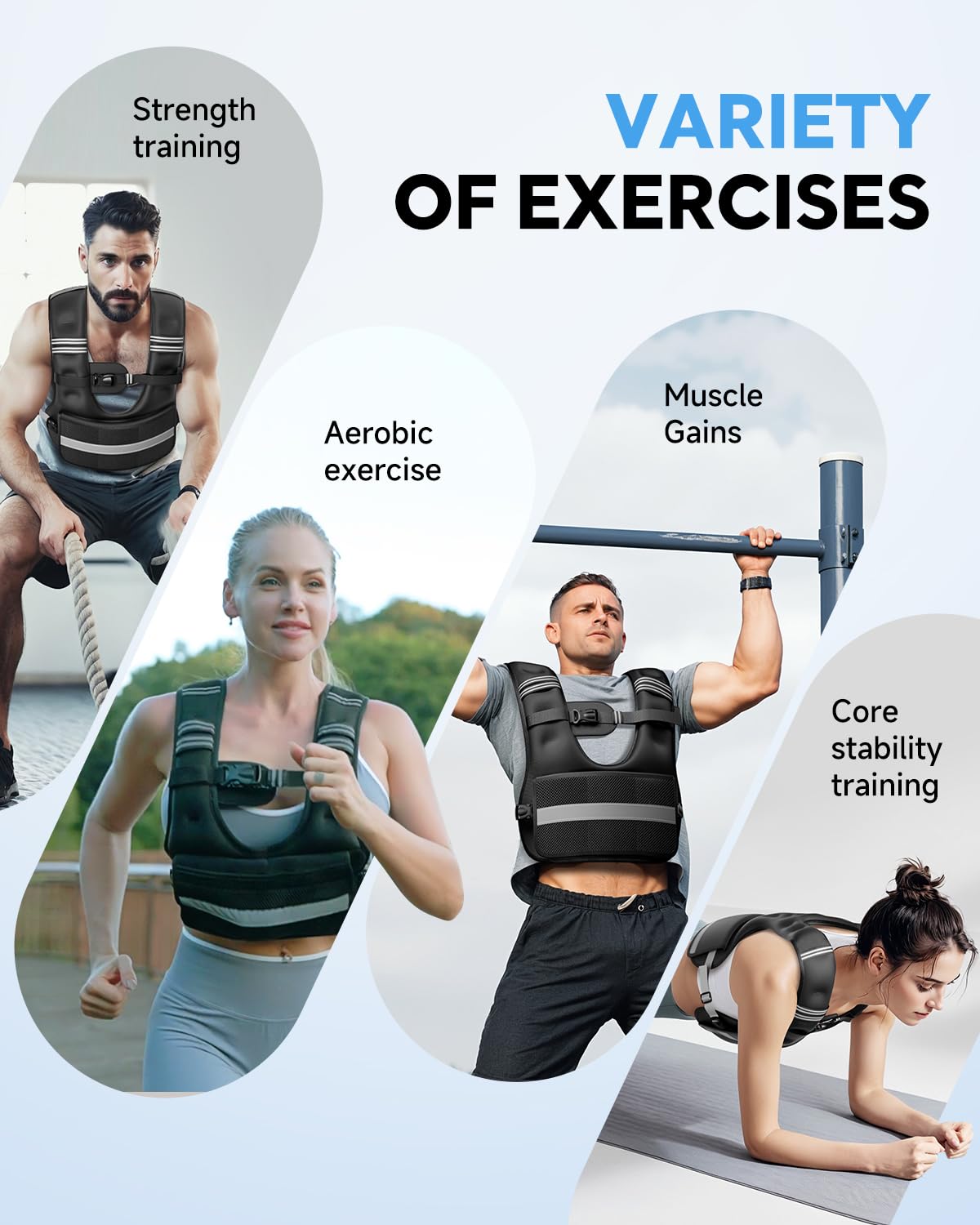 TAEVNO Adjustable Weighted Vest for Women Men,12-20lb Comfort Fit - U-Shaped Ergonomic Weight Vest with 6 Removable Iron Sandbags, Large Front Mesh Pocket & Reflective Strips, Ideal for Running, Walking, Strength Training, HIIT, Cardio Workouts (Black)
