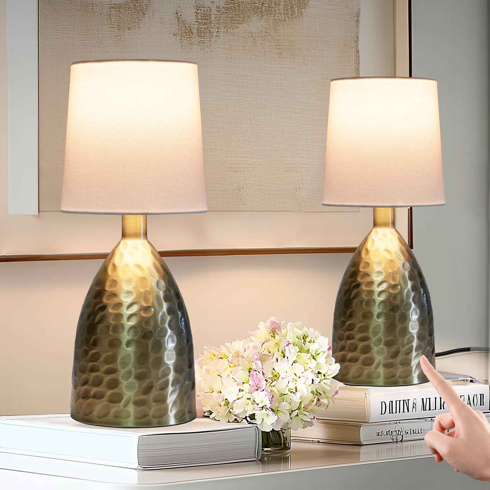 Touch Lamps for Nightstand, Gold Bedside Lamp Touch Control for Bedroom with Linen Shade, Mid Century Modern 13 inch Small Table Lamp for Living Room with E26 Bulb Included (Bronze 13" - 2 Pack)