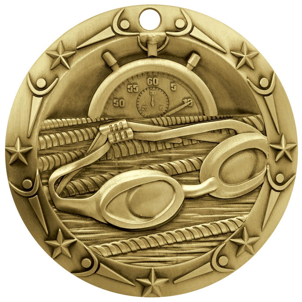 Decade Awards Swimming World Class Medal, Gold - 3 Inch Wide Swim Meet First Place Medallion with Stars and Stripes American Flag V Neck Ribbon