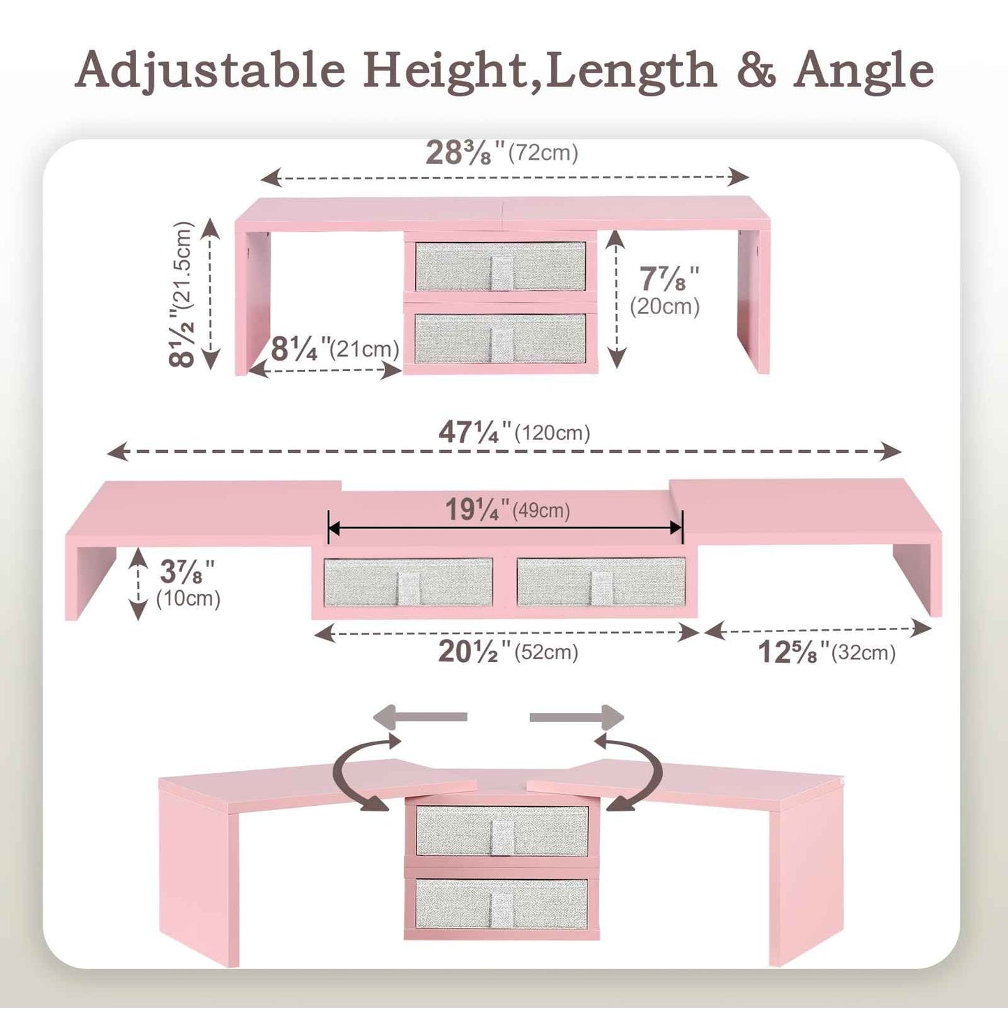 TEAMIX Pink Dual Monitor Stand Riser with 2 Drawers - Length and Angle Adjustable Double Corner Desk Shelf Organizer 37 inch for 2 Laptop/PC/Screen/TV (2 Drawers - 8''H)