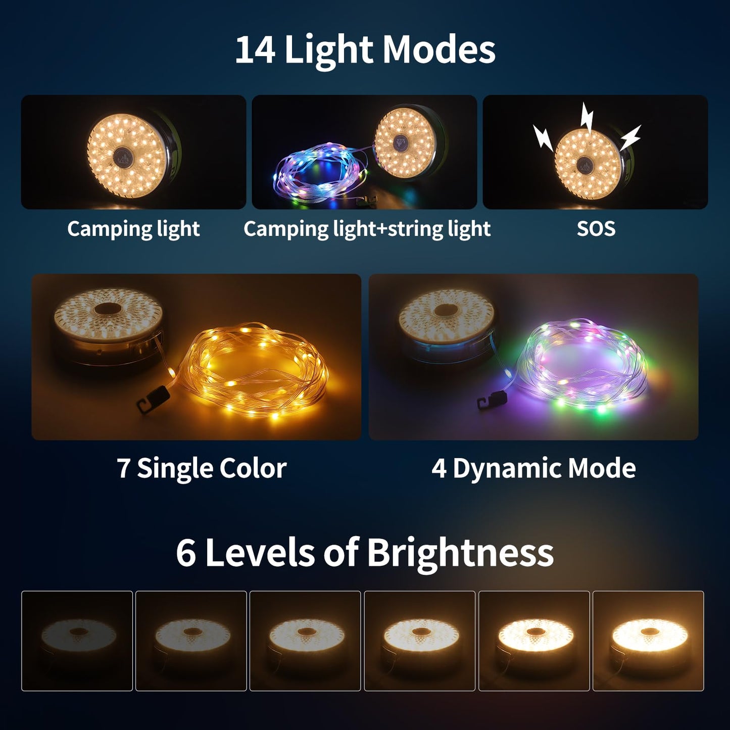 Camping String Lights 32.8FT, 2 in 1 Outdoor Camping Lantern with 14 Lighting Modes, 30s Recovery, IP44 Waterproof, 4000mAh Battery, Portable Camping Lights for Camping, Yard, Festival Decor