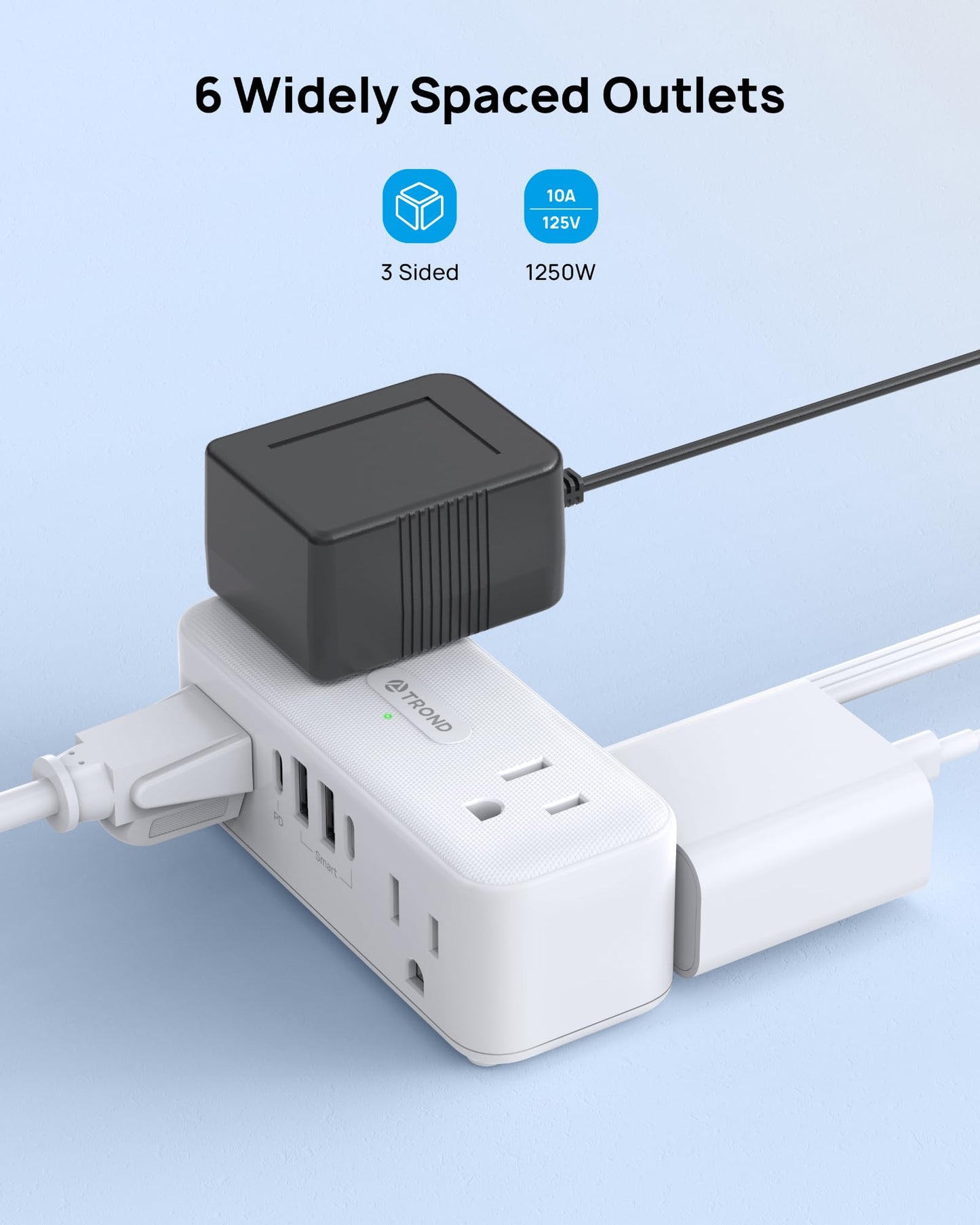 TROND 20W USB C Power Strip Surge Protector - 5ft Flat Plug Extension Cord with Multiple 6 Outlet, 4 USB, 900 Joules, 3 Sided Design, Mountable, Compact for Home Office Travel Dorm Room Essentials