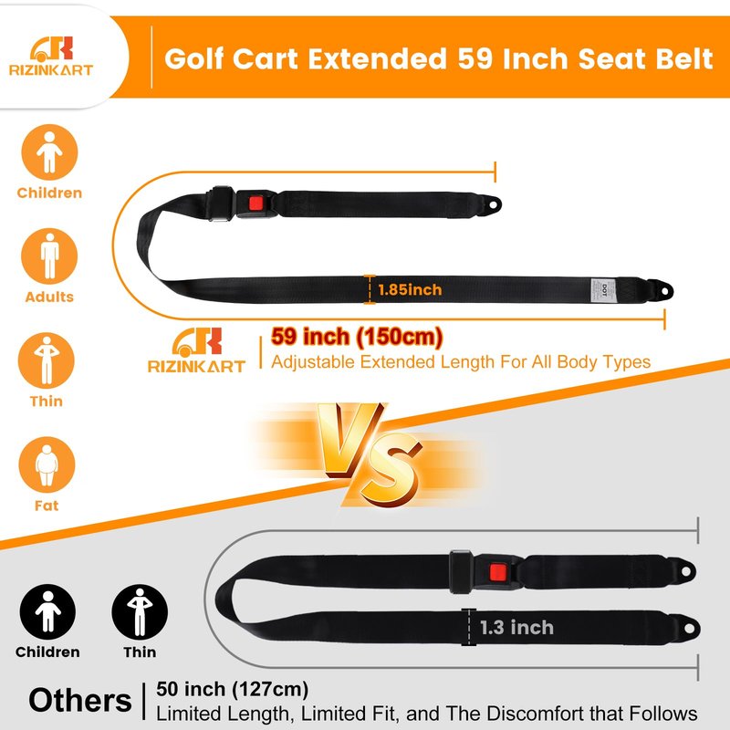 RIZINKART Universal Golf Cart Seat Belts Kit,Polyester Fabric Belt Adjustable & Lengthen Max Length 59",fit for EZGO, Club Car, Yamaha Golf cart. Easy to Install, Front and Rear Seat, 2 Sets