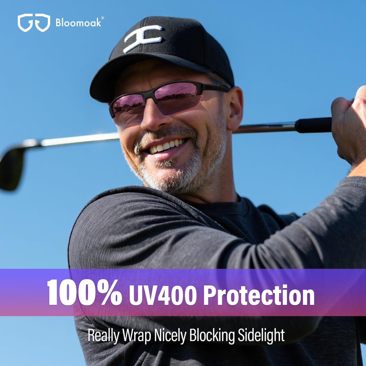 Bloomoak Sport Golf Sunglasses,Wrap UV400 Protection/Vented Frame Prevent Fogging/Superior Visual Clarity to Find Ball (Rose - 24% Light Transmission for)