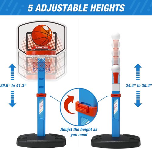 HYES Kids Basketball Hoop & T-Ball Set - Adjustable Height with Automatic Pitching Machine | Indoor/Outdoor Sports Toy for Ages 1-5, Blue