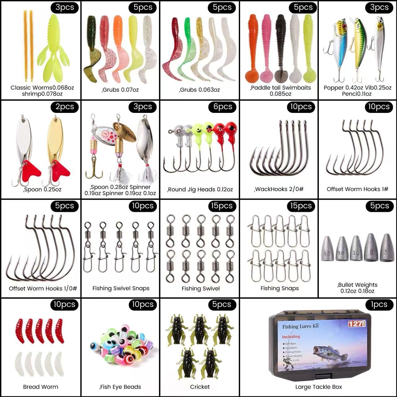 Fishing Lures,127PCS Tackle Box with Tackle Included,Crankbaits,Spoon,Hooks,Weight & Accessories,Fishing Bait Lure Gear Set,Bass,Trout Freshwater Saltwater