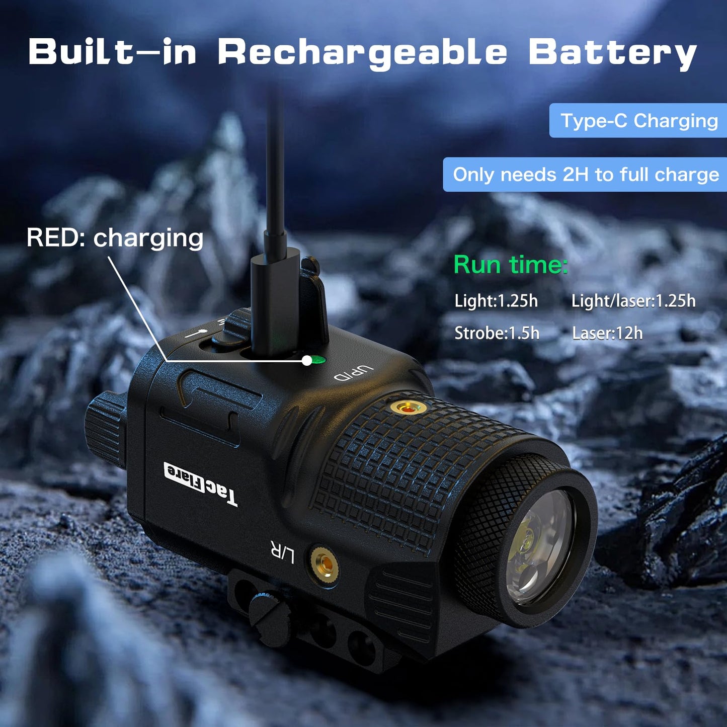 TacFlare Laser Light Combo - 800 Lumens Green Laser Beam Flashlight for Pistol Gun Picatinny 1913 Rail, Tactical Weapon Light Laser, USB C Rechargeable