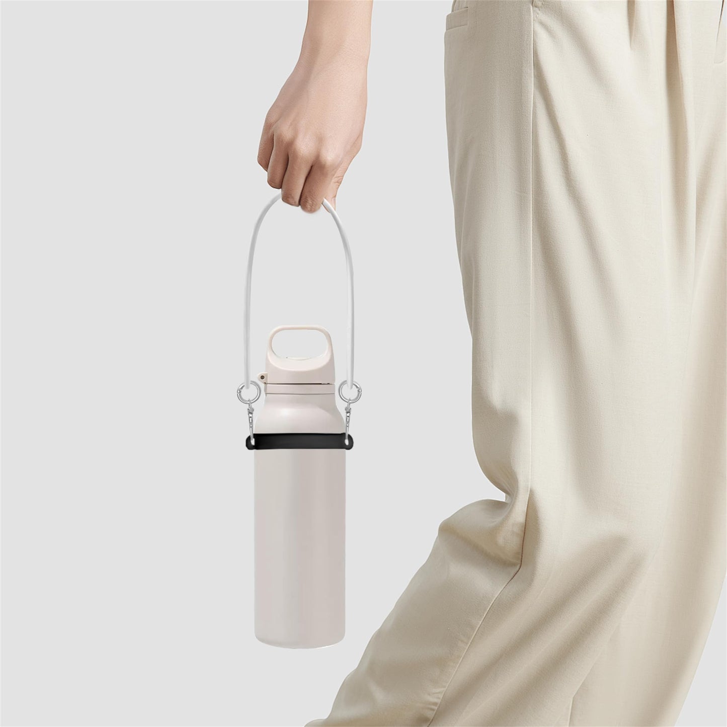 FEVER SEVEN XDSW Universal Water Bottle Carry Strap with Chain - 3-in-1 Silicone Sling, Handle & Holder for 8-40oz Stanley Cup Accessories, Yeti, Owala Tumblers - Hands-Free Cross-Body Design (Black)