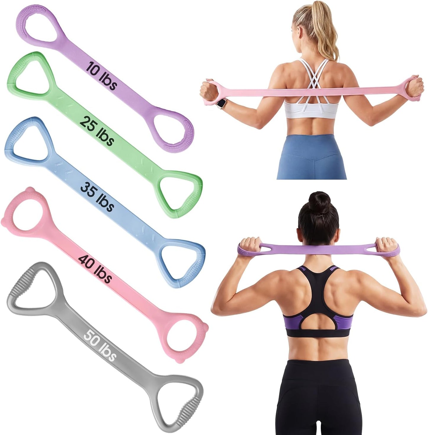 Soulchen Figure 8 Fitness Resistance Bands - 5 Pack (10-50 Lbs) for Yoga, Pilates, Stretching & Workouts