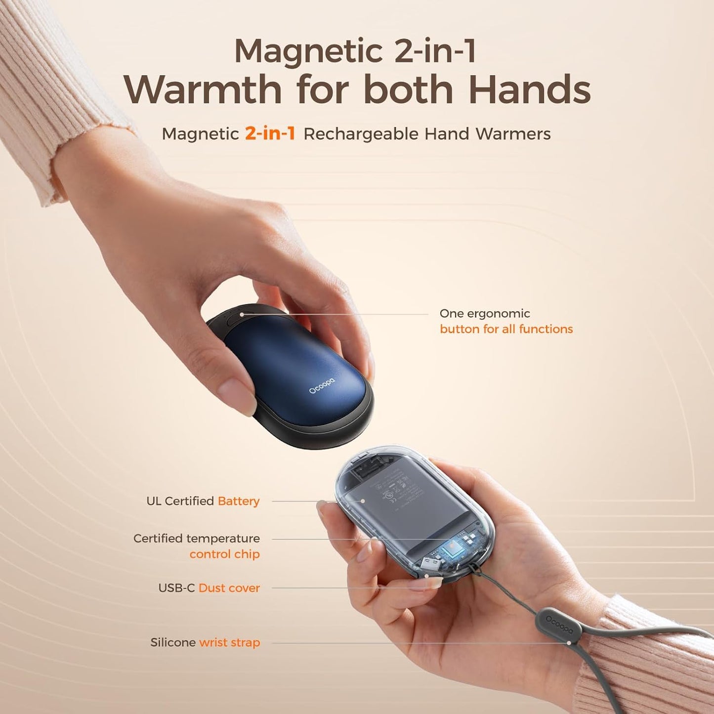 OCOOPA Rechargeable Magnetic Hand Warmers - 3 Heat Settings, Pocket-Sized, Lasts Up to 8 Hours | Perfect for Outdoor Activities
