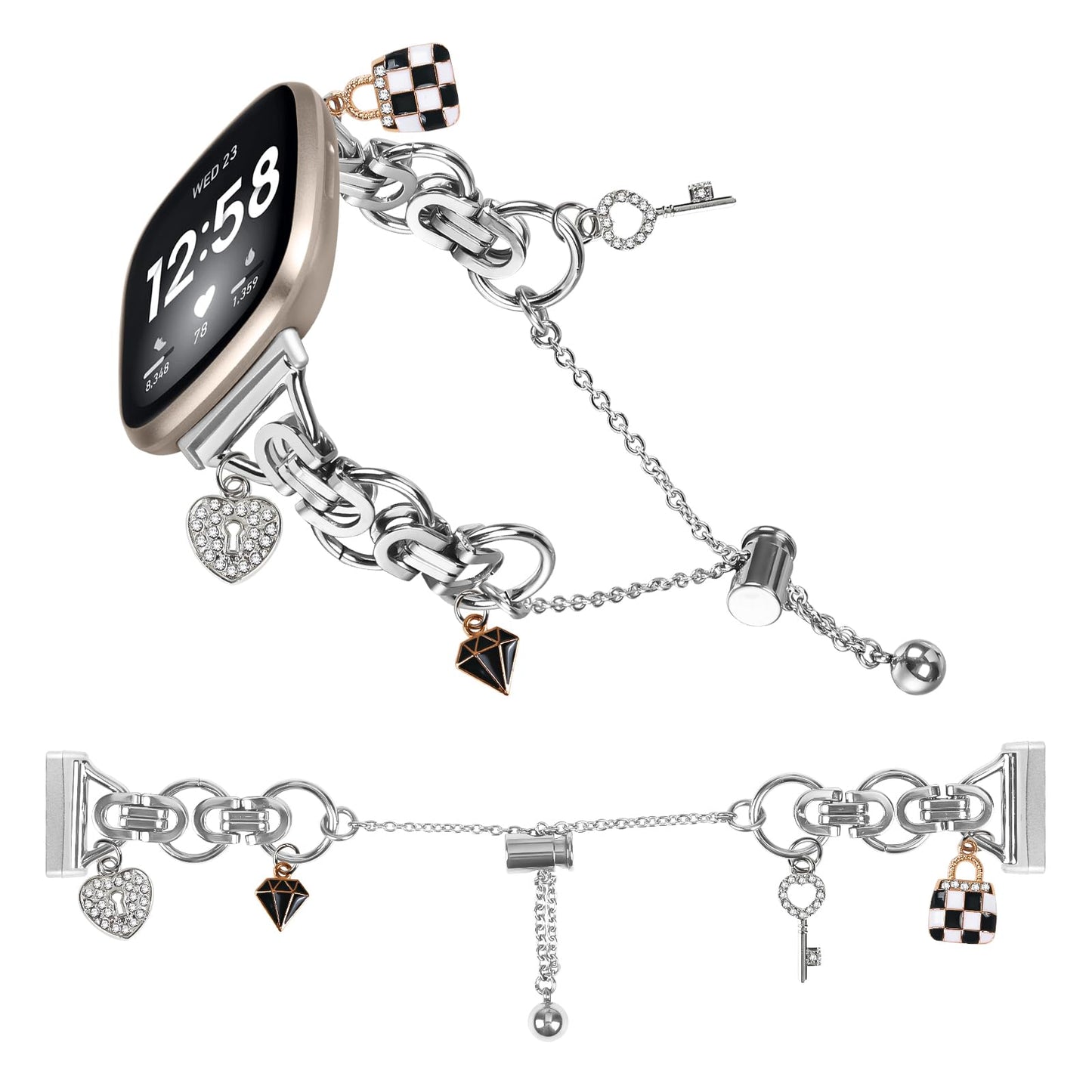 Feigand Bling Bands Compatible with Fitbit Versa 4/Sense 2/Versa 3/Sense, Shinny Metal Bracelet Straps Luxurious Rhinestone Replacement Wristband for Women (Silver)