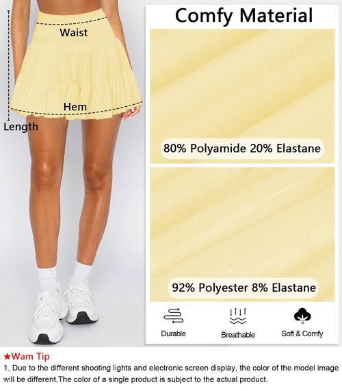 Hragc Women's Mini Yellow Skirt Skort Flowy Pleated High Waisted Ruffle Medium Tennis Skirts for Women Athletic Skater Golf with Shorts Pockets