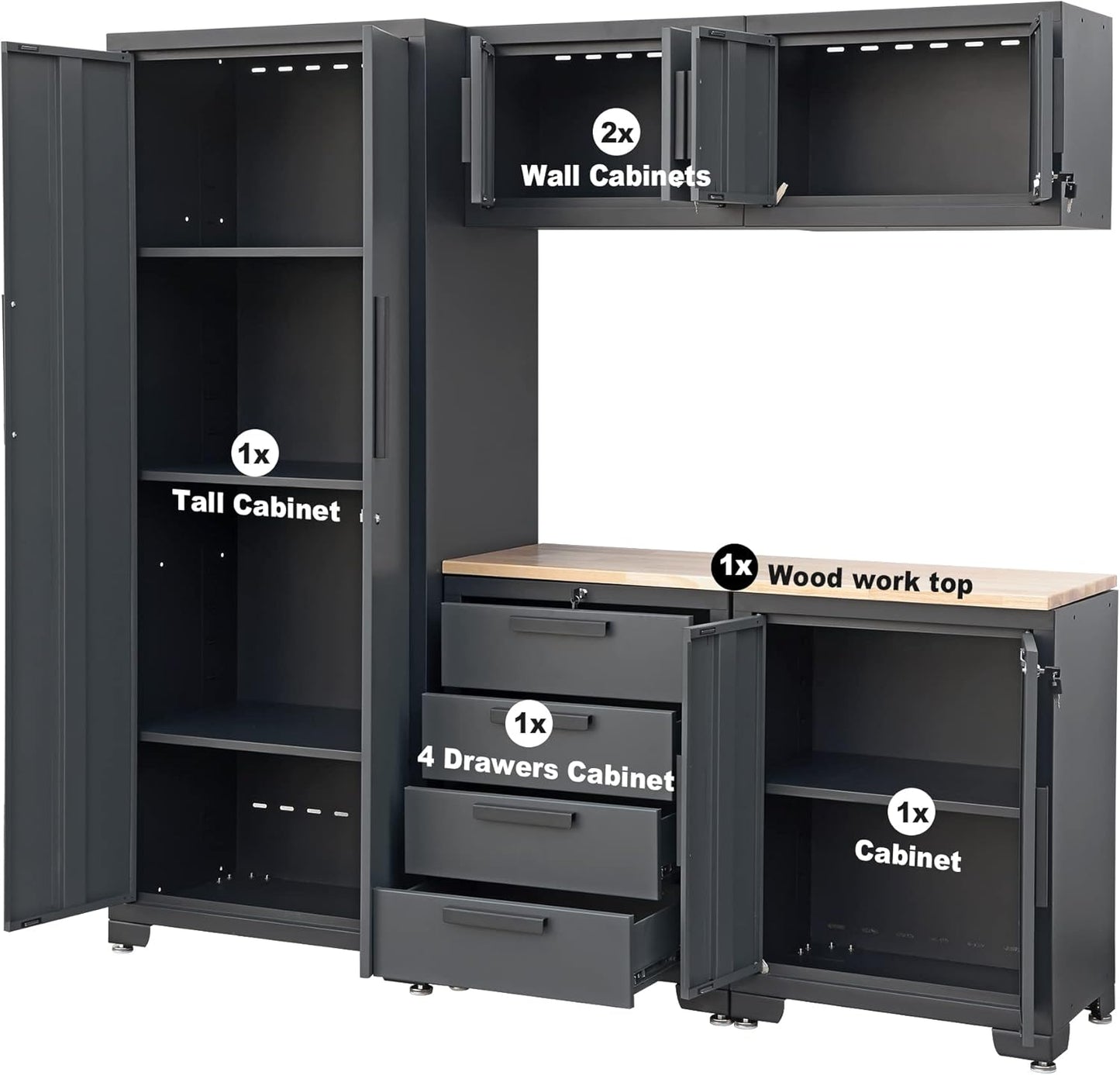 Torin Garage Storage Cabinet Set - 6-Piece Tool Organizer with Lockers & Shelves - 76.8" L x 18.5" W x 75.79" H - Black/Grey