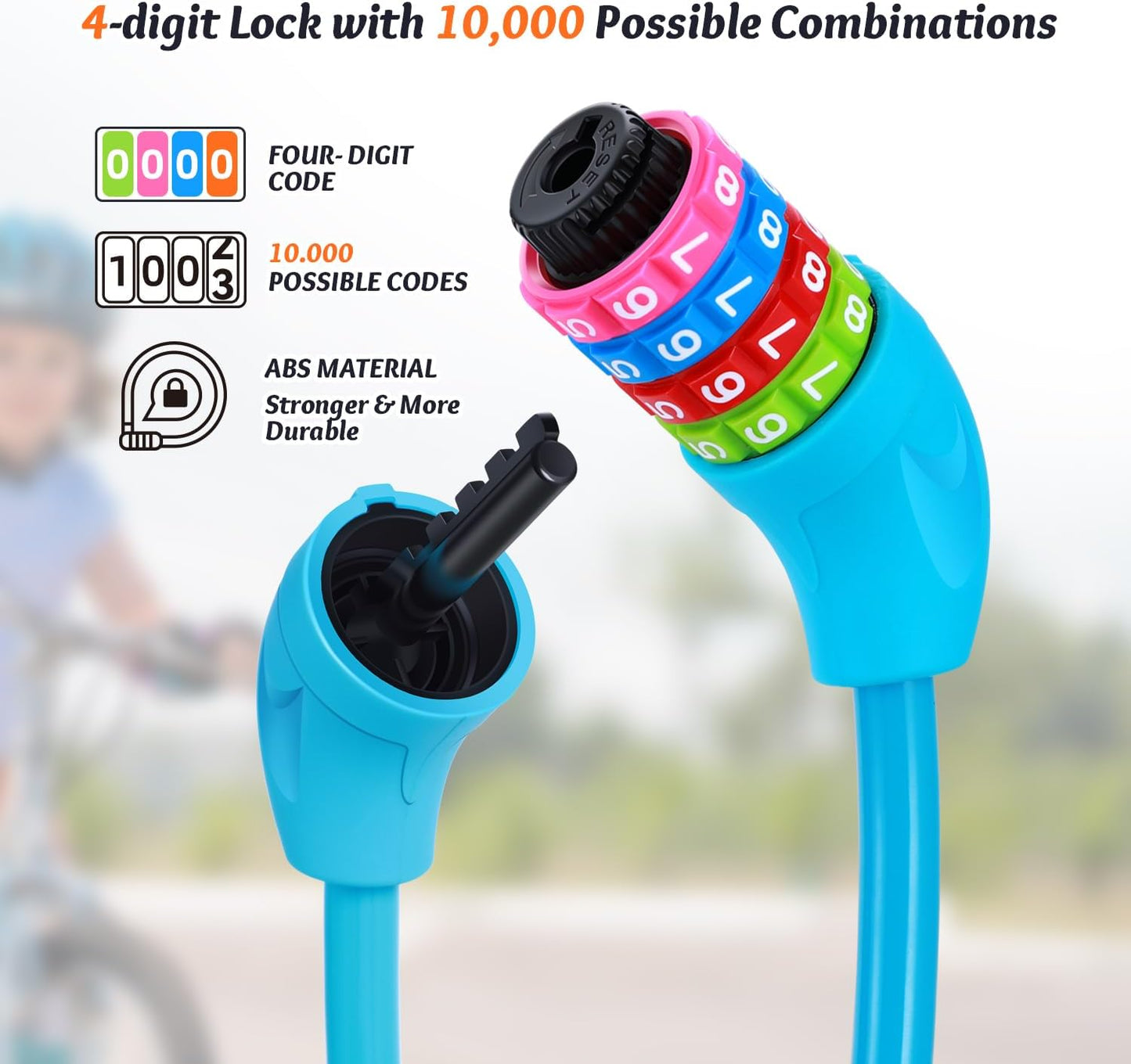 Sportneer Cable Lock - High Security 4-Digit Resettable Combination Lock | 25.6-Inch Colorful Keyless Bicycle Lock for Kids - Blue