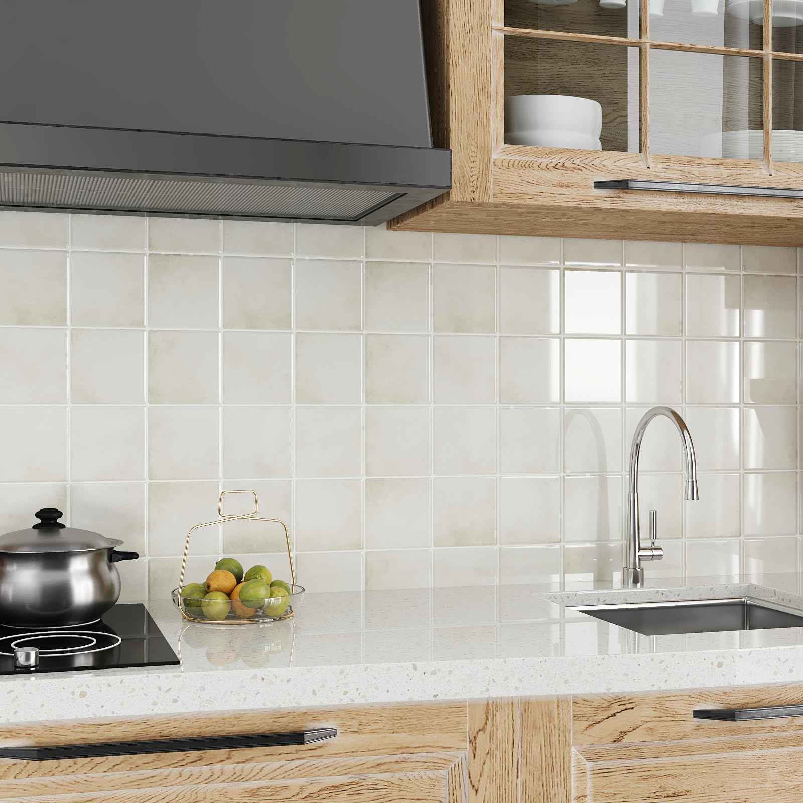 VEELIKE Cream Beige Peel and Stick Backsplash for Kitchen Square Peel and Stick Tile Backsplash 6 Sheets Self Adhesive Back Splash Tiles for Bathroom Waterproof Ceramic Wall Tile Stickers 12''x12''