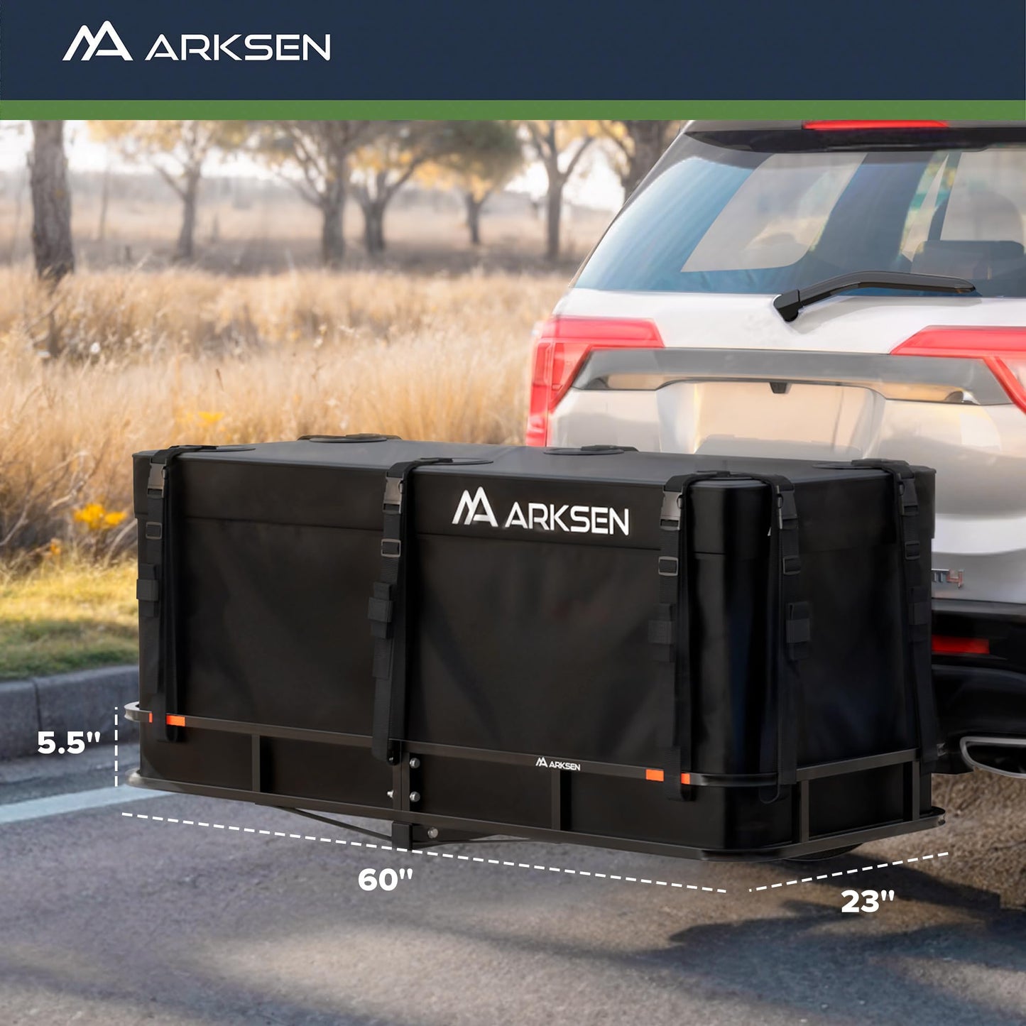 ARKSEN 60" x 23" x 5.5" Folding Hitch Cargo Carrier Basket with 500D PVC Waterproof Cargo Bag(16.5 Cu Ft), 500 Lbs Heavy Duty Rear Trailer Hitch Cargo Rack Fits 2" Receiver for SUV, Truck & Van