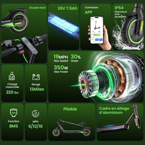 Isinwheel S9/S9Pro Electric Scooter - 19MPH Speed, 350W Motor, 12/19 Miles Range, Foldable Design