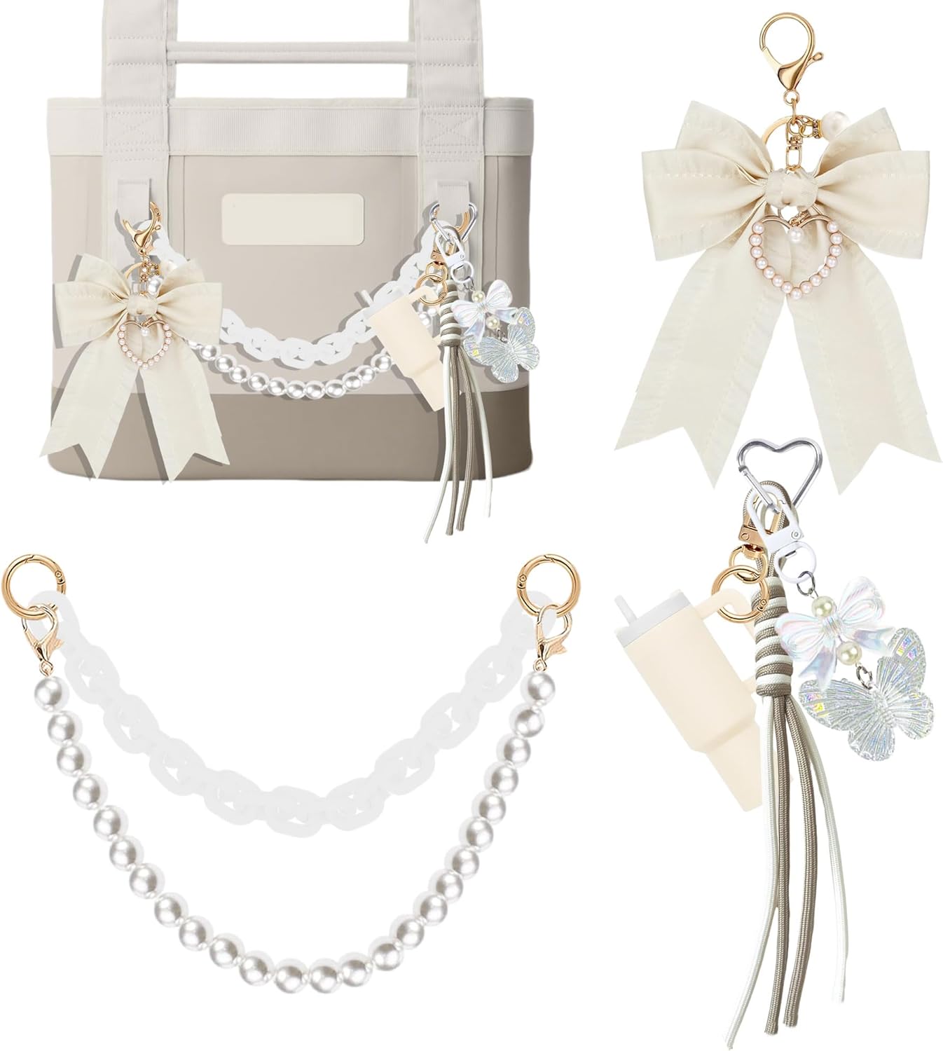 YPINGABS Tote Bag Accessory Set - 7PCS for YETI Camino 20/35/50 & Bogg Bags | Pearl Bow, Acrylic Chain, Mini Tumbler Keychain, Butterfly Charms (White)
