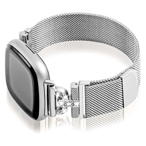 HAYONLIY Magnetic Bands Compatible for Fitbit Sense 2/Fitbit Versa 4/Fitbit Sense/Fitbit Versa 3, Mesh Stainless Steel Bling Strap, Dressy Replacement Adjustable Wristband for Women-Silver