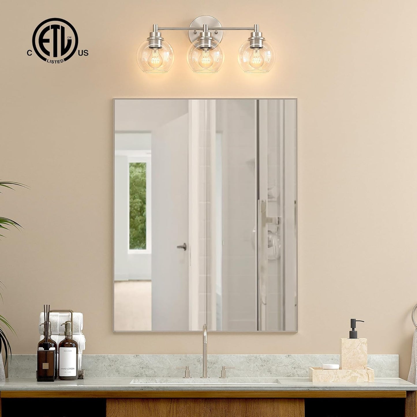 3-Light Vanity Bathroom Light Fixture with Globe Glass Shades - Brushed Nickel, ETL Certified