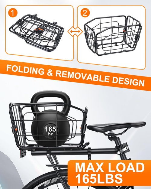 ONVIAN Rear Bike Rack with Basket, Aluminum Alloy Bike Cargo Rack, 22L Large Capacity Bicycle Basket, Foldable & Removable for Adult Bikes, Adjustable Touring Carrier Rack for Commuting and Shopping
