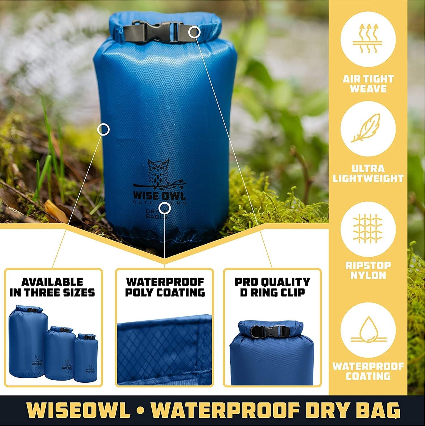 Wise Owl Outfitters Waterproof Dry Bag 3-Pack - Lightweight Airtight 5L/10L/20L for Kayaking, Travel & Hiking