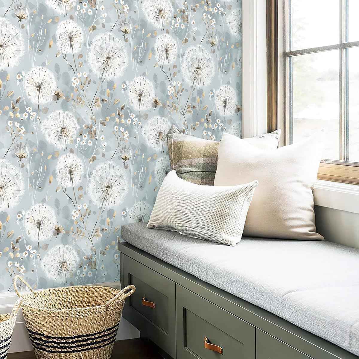 Peel and Stick Floral Dandelion Wallpaper - Vintage Boho Self-Adhesive Vinyl for Bedroom & Cabinets (16.9"x590.5")