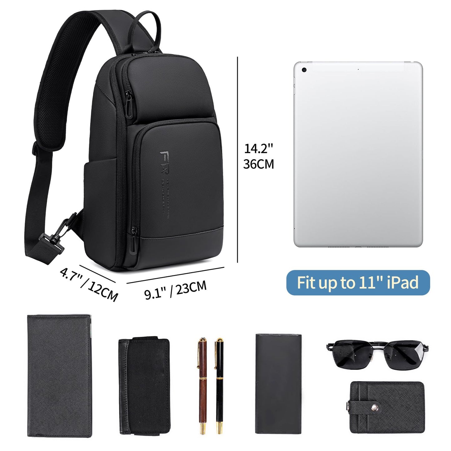 FENRUIEN Crossbody Sling Bag for Men, Water Resistant One Shoulder Backpack, Black Side Bag for Travel